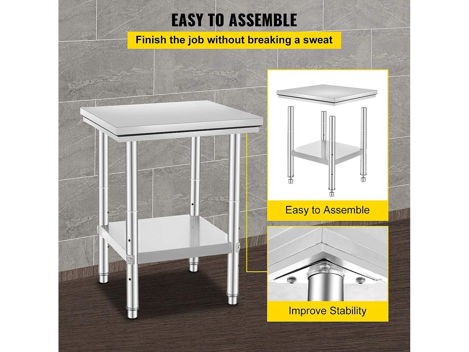 Table de Travail Cuisine SucceBuy, Table de Préparation en Acier Inoxydable, 60.96x60.96x78.74 cm