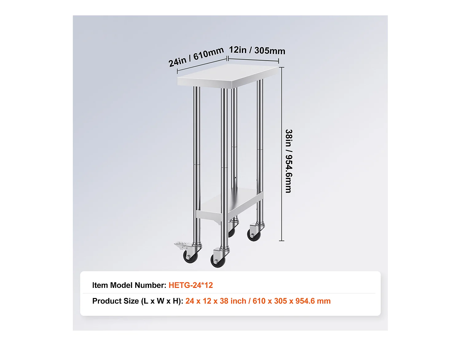Table de Travail Cuisine SucceBuy, Table de Travail en Acier Inoxydable, 60.96 x 30.48 cm, 4 Roulettes, 3 Niveaux de Hauteur Réglables