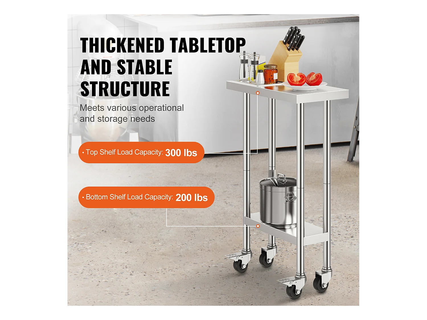 Table de Travail Cuisine SucceBuy, Table de Travail en Acier Inoxydable, 60.96 x 30.48 cm, 4 Roulettes, 3 Niveaux de Hauteur Réglables