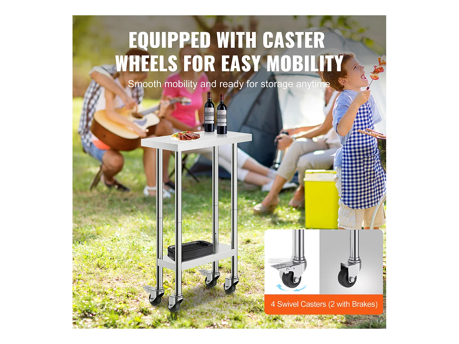 Table de Travail Cuisine SucceBuy, Table de Travail en Acier Inoxydable, 60.96 x 30.48 cm, 4 Roulettes, 3 Niveaux de Hauteur Réglables