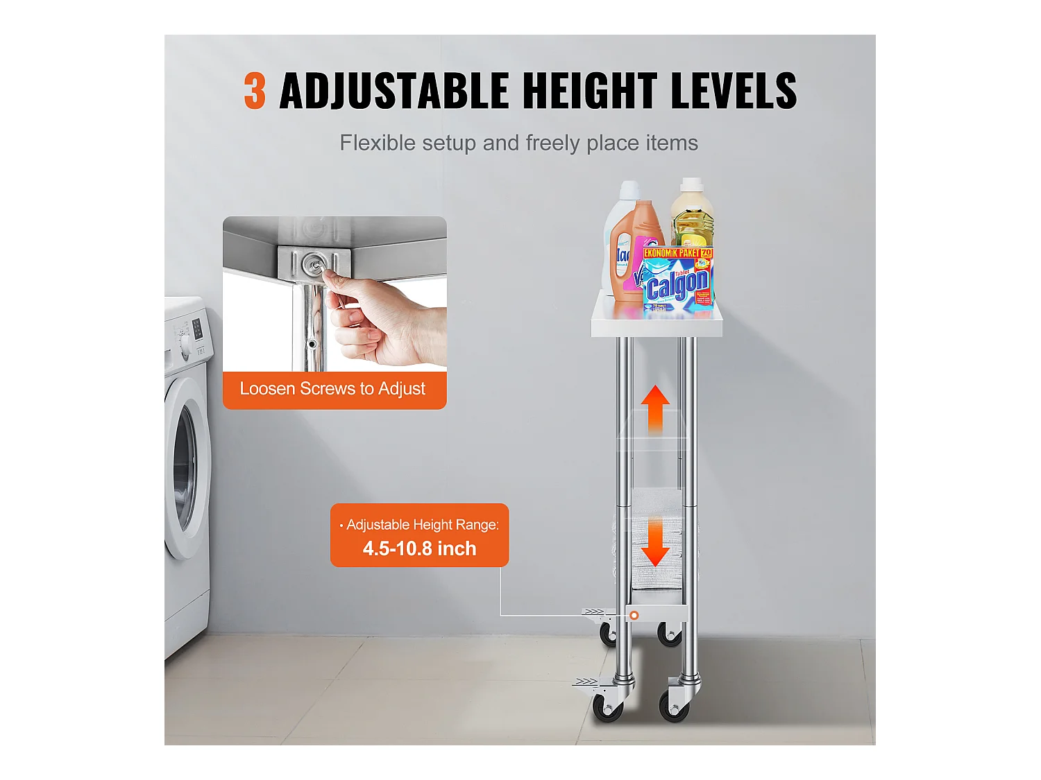 Table de Travail Cuisine SucceBuy, Table de Travail en Acier Inoxydable, 60.96 x 30.48 cm, 4 Roulettes, 3 Niveaux de Hauteur Réglables