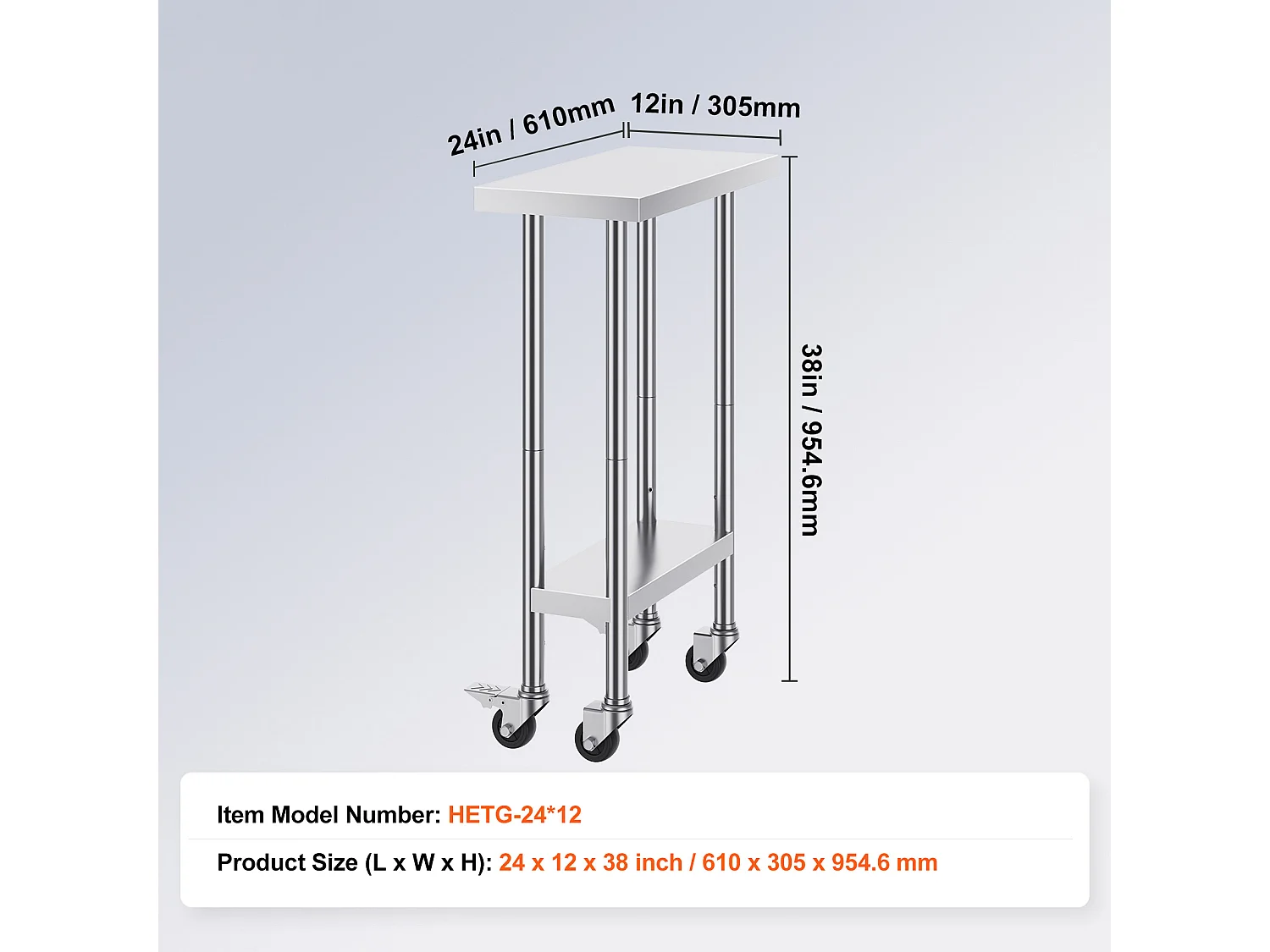 Table de Travail Cuisine SucceBuy, Table de Travail en Acier Inoxydable, 60.96 x 30.48 cm, 4 Roulettes, 3 Niveaux de Hauteur Réglables