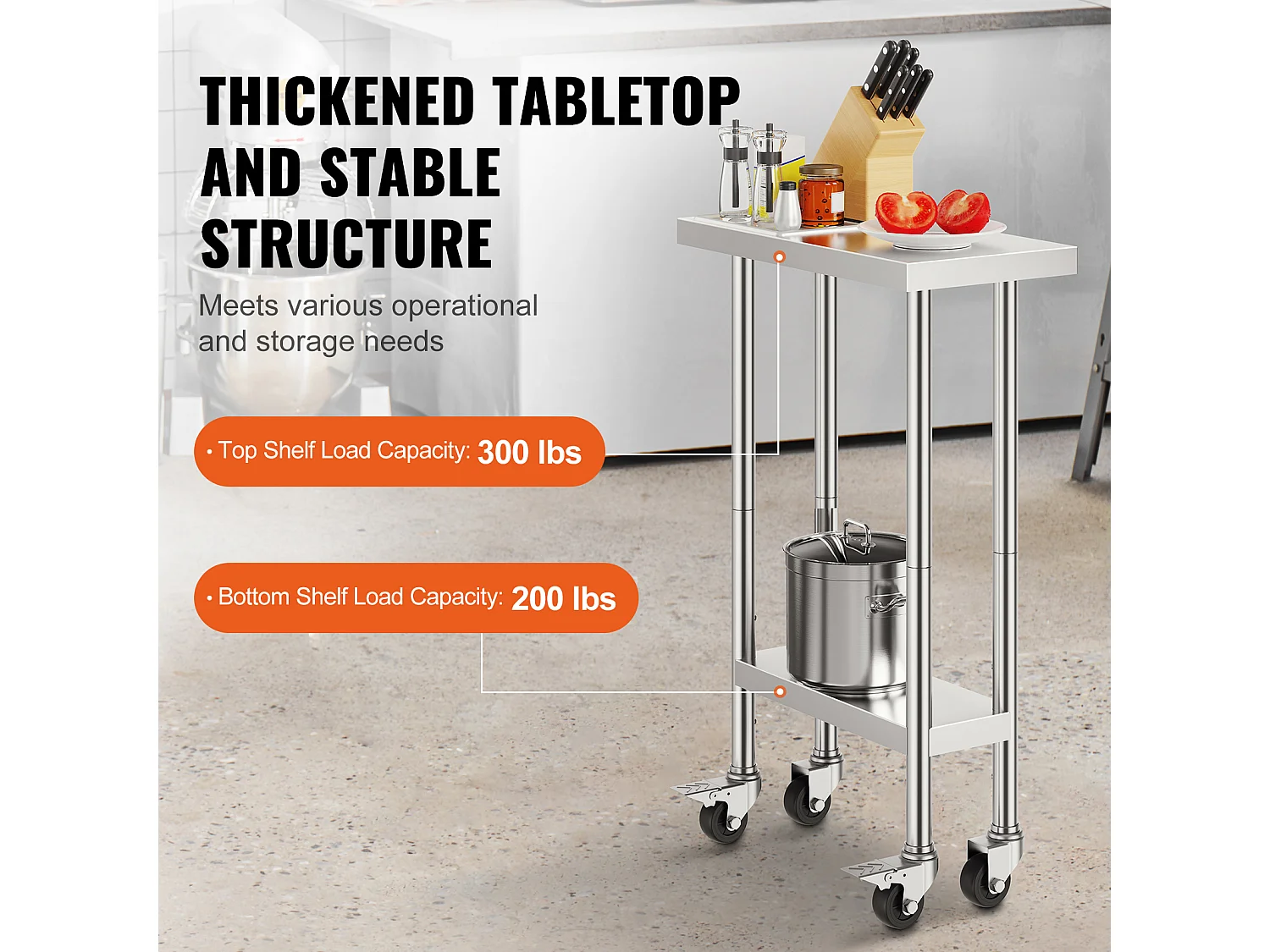 Table de Travail Cuisine SucceBuy, Table de Travail en Acier Inoxydable, 60.96 x 30.48 cm, 4 Roulettes, 3 Niveaux de Hauteur Réglables