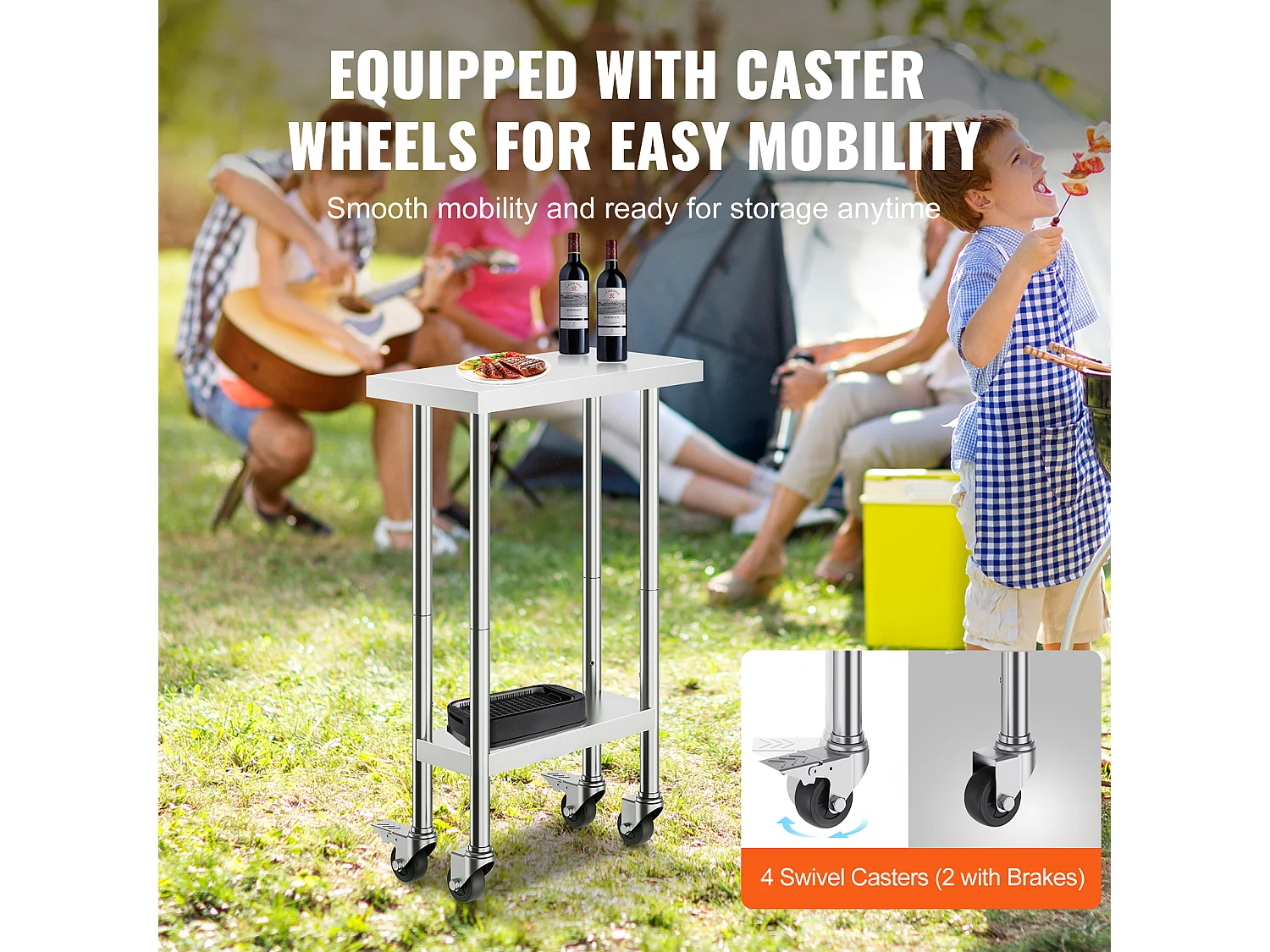 Table de Travail Cuisine SucceBuy, Table de Travail en Acier Inoxydable, 60.96 x 30.48 cm, 4 Roulettes, 3 Niveaux de Hauteur Réglables