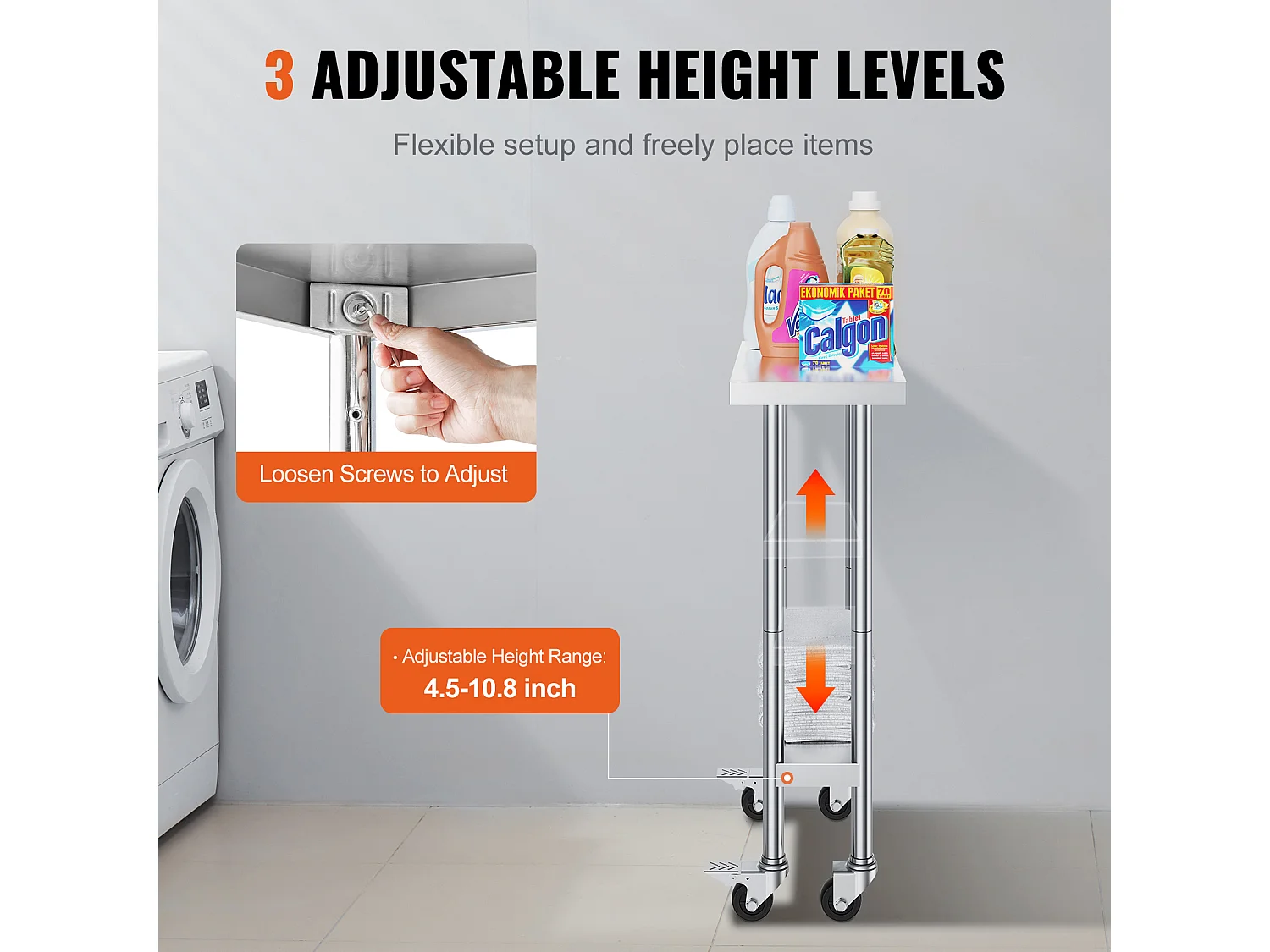 Table de Travail Cuisine SucceBuy, Table de Travail en Acier Inoxydable, 60.96 x 30.48 cm, 4 Roulettes, 3 Niveaux de Hauteur Réglables