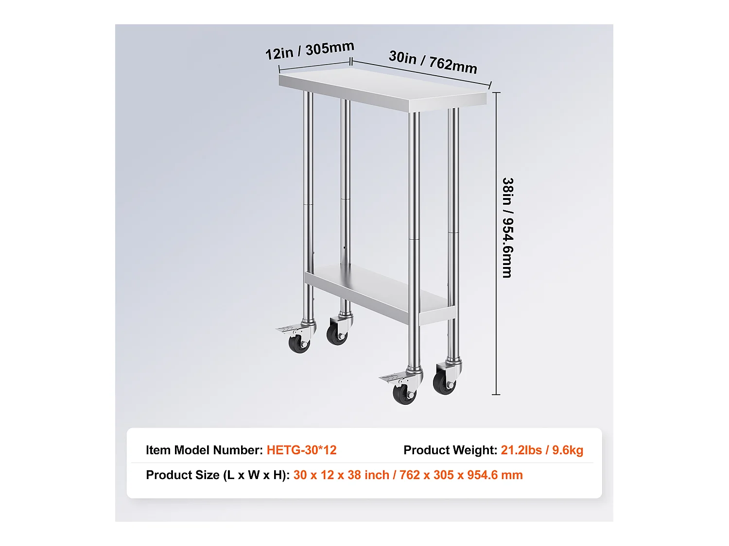 Table de Travail Cuisine SucceBuy 76.2 x 30.48 cm, Table de Préparation en Acier Inoxydable avec 4 Roulettes