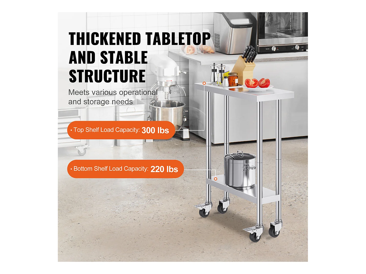 Table de Travail Cuisine SucceBuy 76.2 x 30.48 cm, Table de Préparation en Acier Inoxydable avec 4 Roulettes