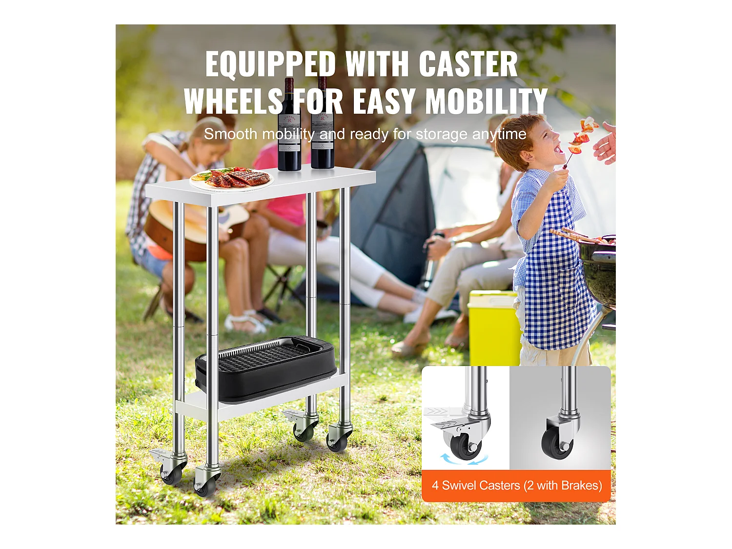 Table de Travail Cuisine SucceBuy 76.2 x 30.48 cm, Table de Préparation en Acier Inoxydable avec 4 Roulettes