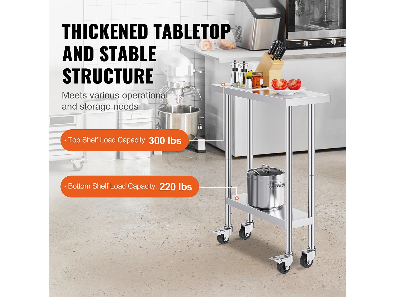 Table de Travail Cuisine SucceBuy 76.2 x 30.48 cm, Table de Préparation en Acier Inoxydable avec 4 Roulettes