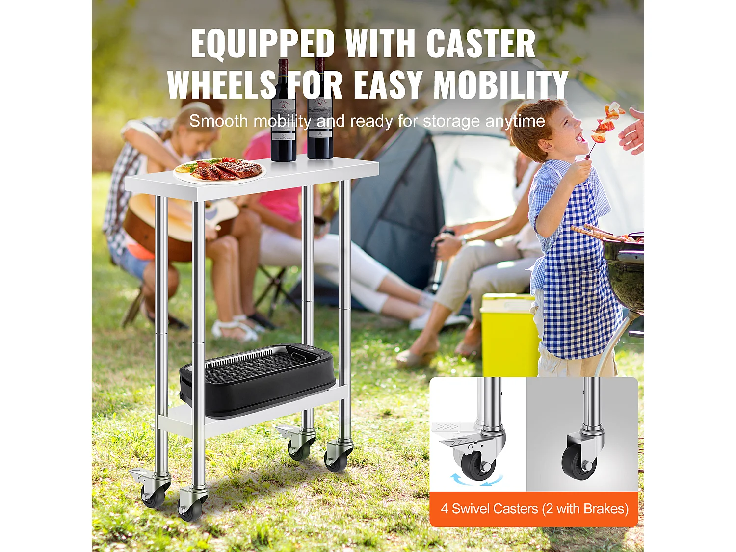 Table de Travail Cuisine SucceBuy 76.2 x 30.48 cm, Table de Préparation en Acier Inoxydable avec 4 Roulettes