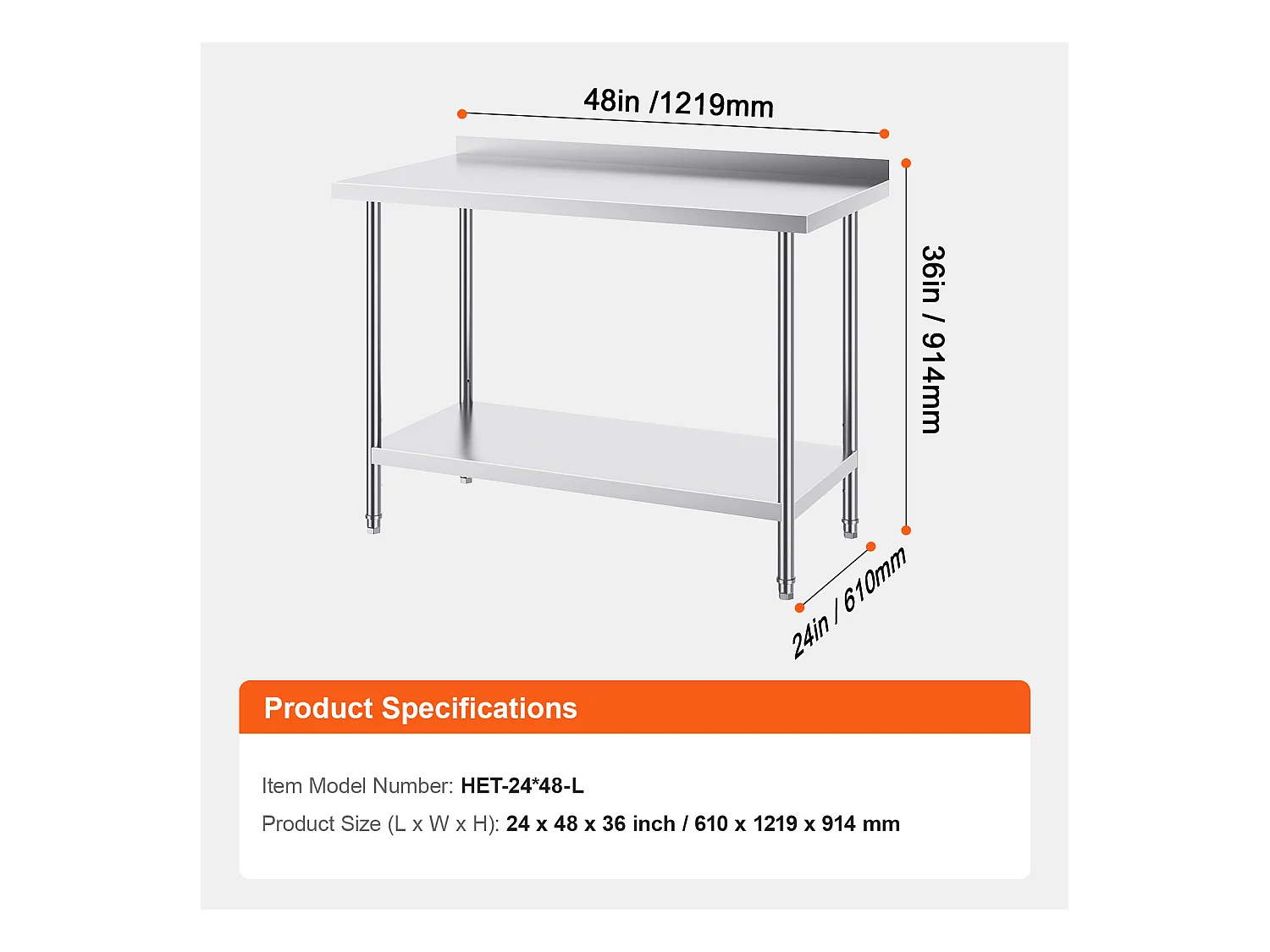 Edelstahl-Arbeitstisch SucceBuy, 610 x 1219 mm, Lebensmittelzubereitungstisch für Großküchen