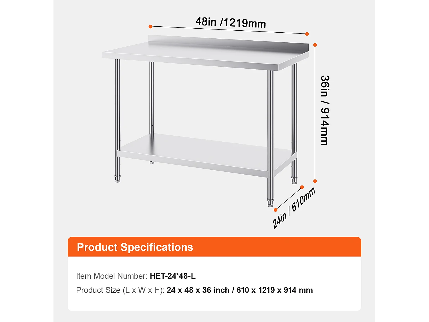 Table de Travail en Acier Inoxydable SucceBuy,610 x 1219 mm, Table de Préparation Alimentaire pour Cuisine Commerciale