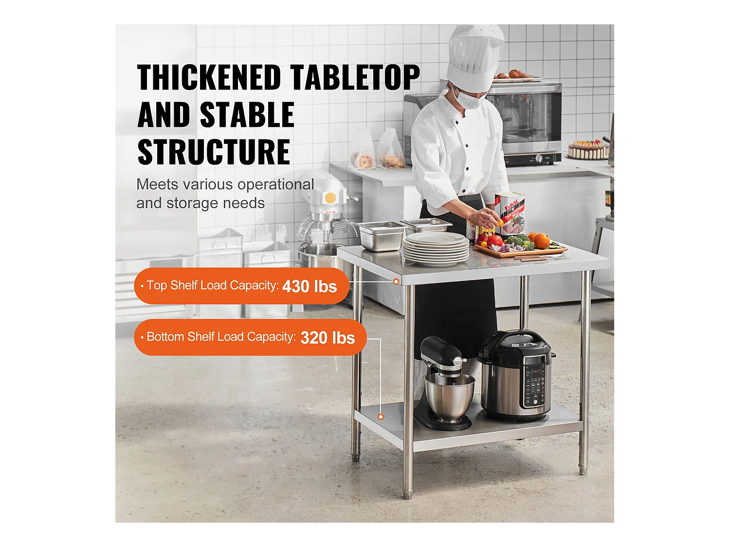 Table de Travail Cuisine SucceBuy 60.96x91.44x86.36 cm, Table de Préparation de Travail en Acier Inoxydable