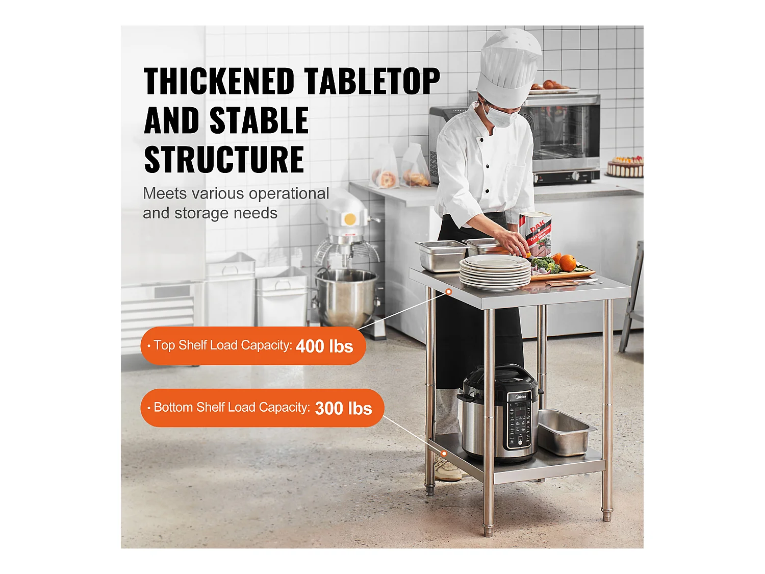 Werktafel voor Keuken SucceBuy, Voorbereidingstafel in RVS, 60.96x60.96x86.36 cm, Commercieel Voedingswerkpost