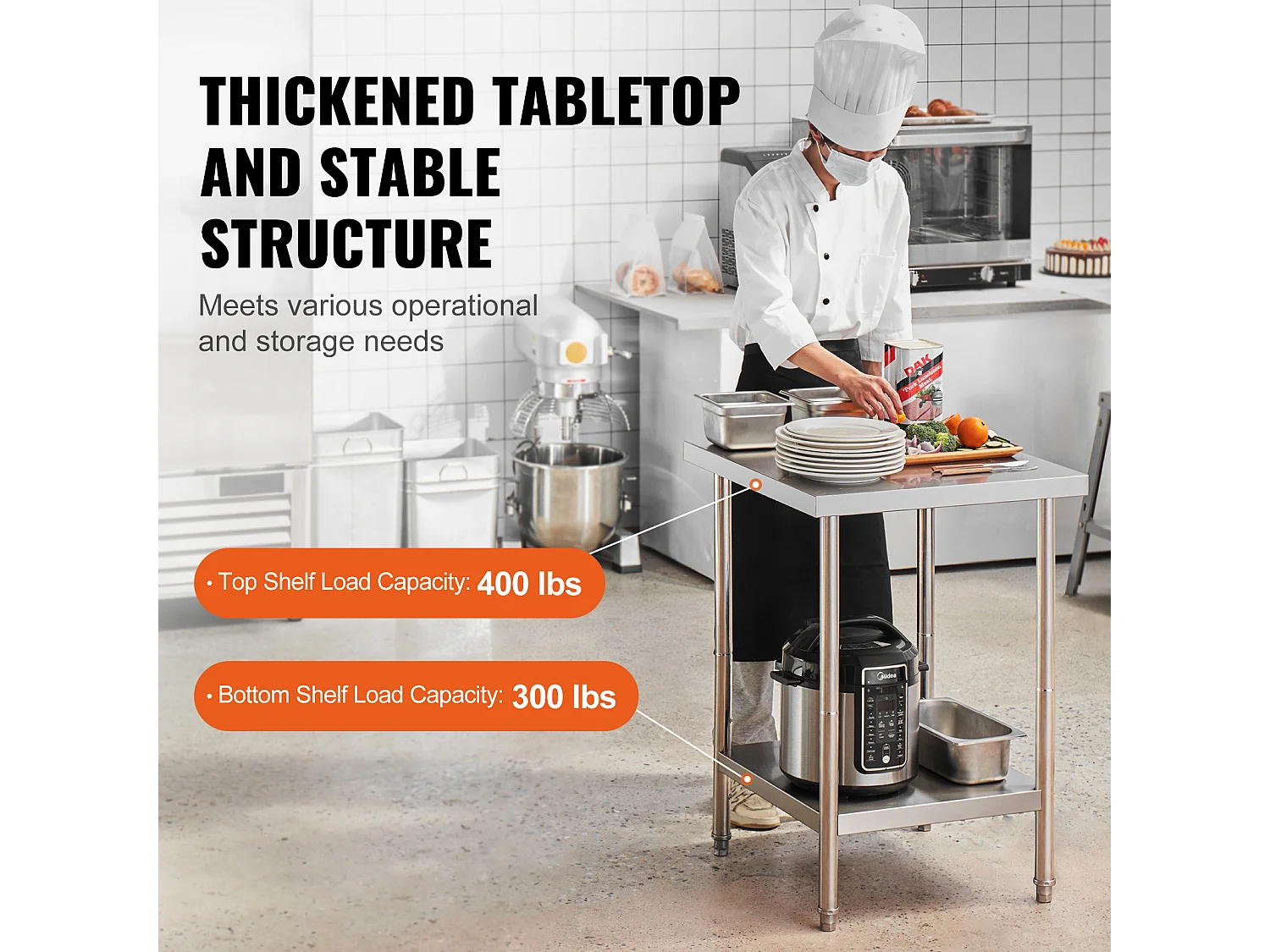 Mesa de Trabajo de Cocina SucceBuy, Mesa de Preparación en Acero Inoxidable, 60.96x60.96x86.36 cm, Puesto de Trabajo Alimentario Comercial