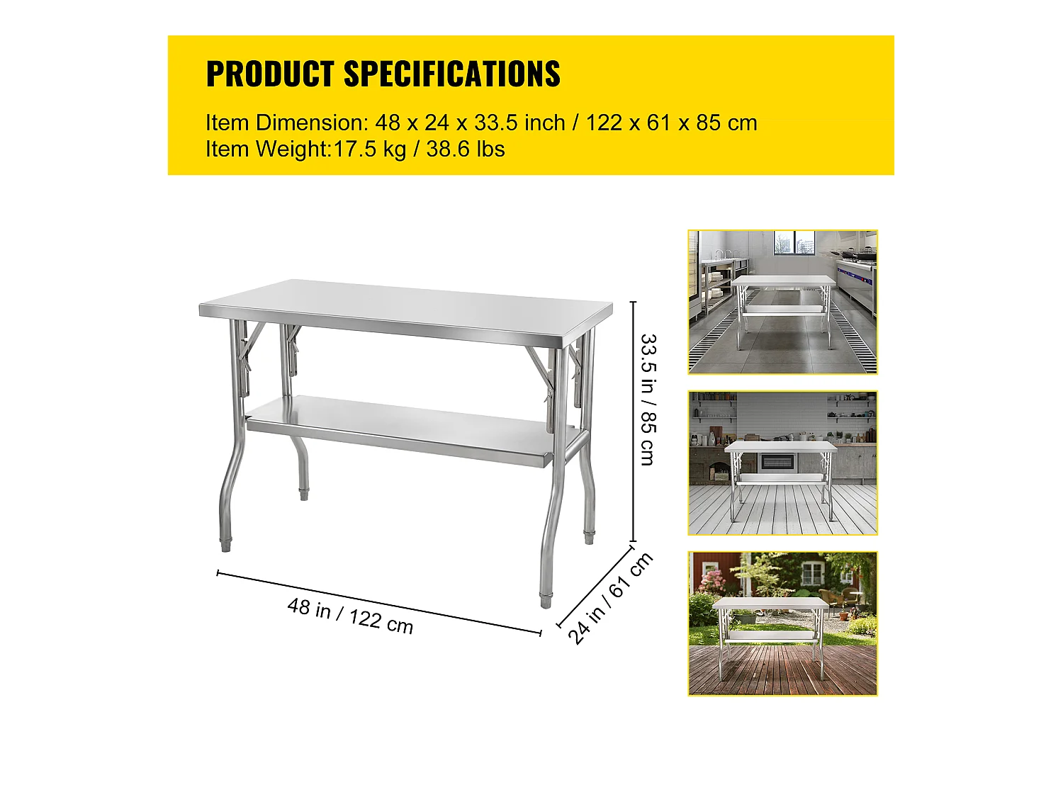Table de Travail Cuisine SucceBuy 121.92x60.96 cm Acier Inoxydable, Table de Préparation Commerciale Pliante
