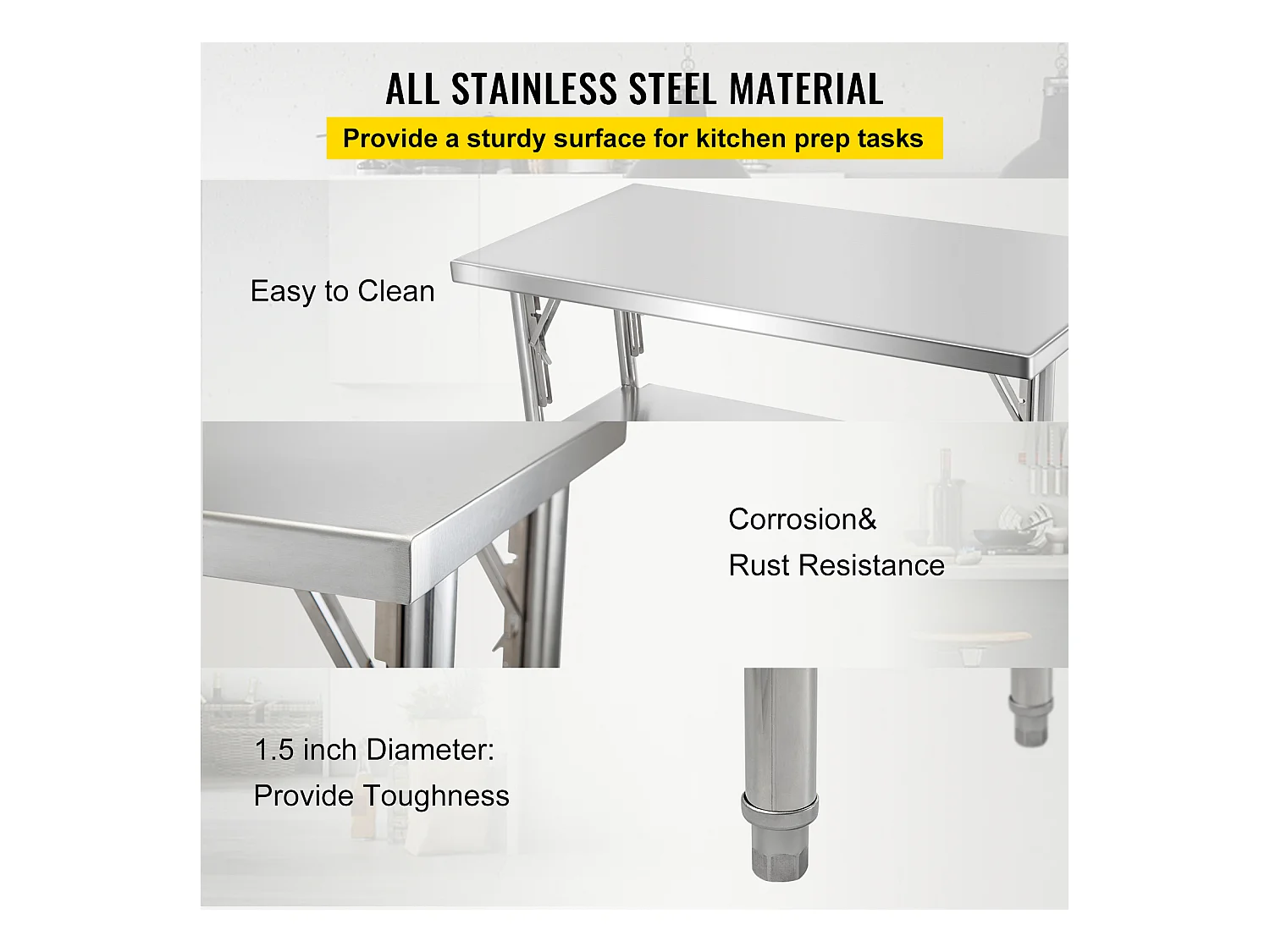 Table de Travail Cuisine SucceBuy 121.92x60.96 cm Acier Inoxydable, Table de Préparation Commerciale Pliante