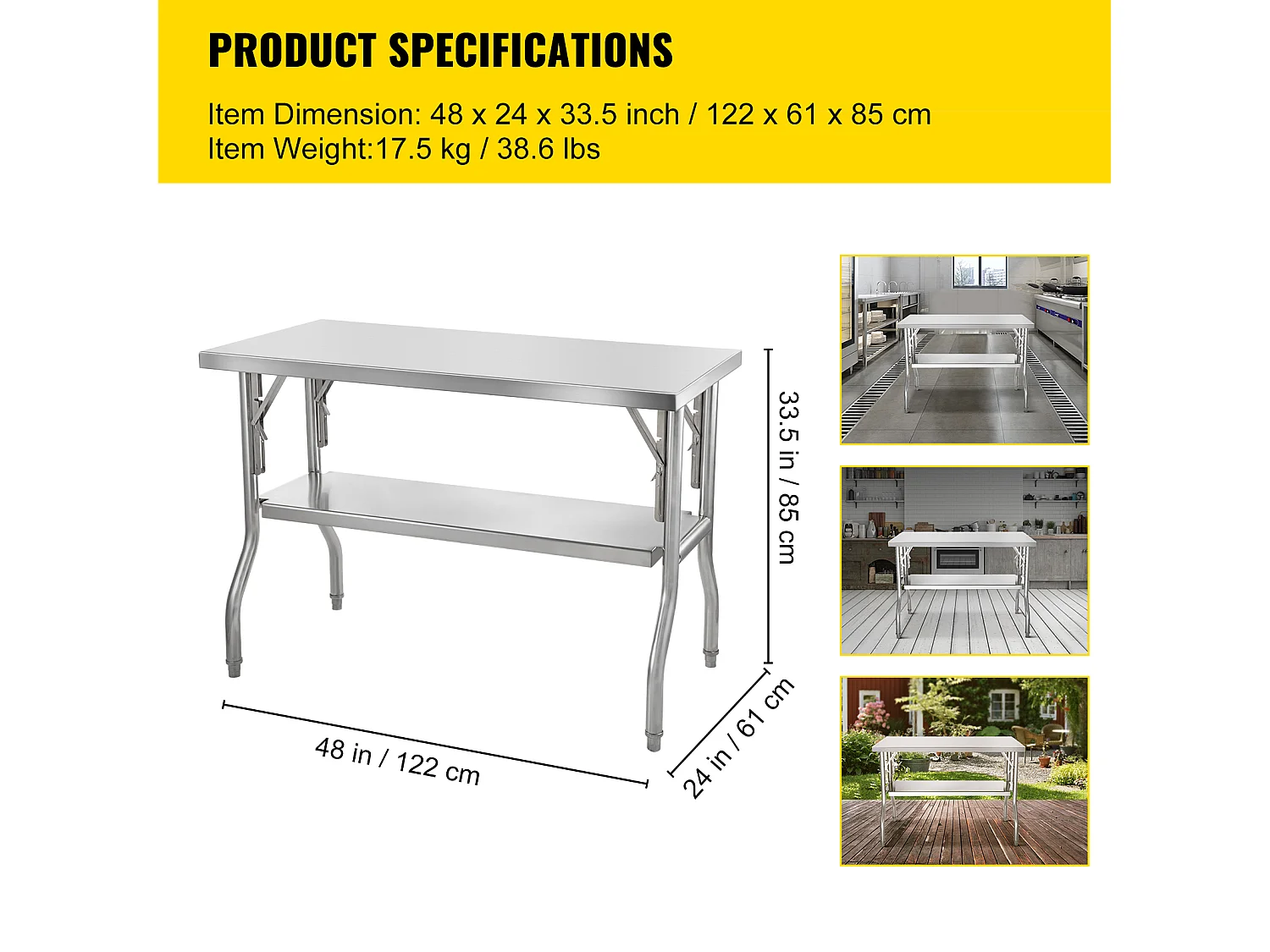 Mesa de Trabajo de Cocina SucceBuy 121.92x60.96 cm Acero Inoxidable, Mesa de Preparación Comercial Plegable