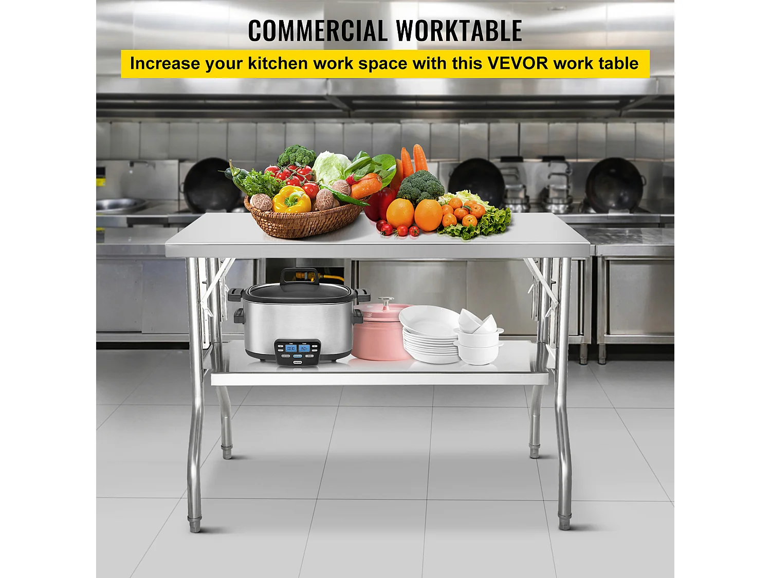 Mesa de Trabajo de Cocina SucceBuy 121.92x60.96 cm Acero Inoxidable, Mesa de Preparación Comercial Plegable