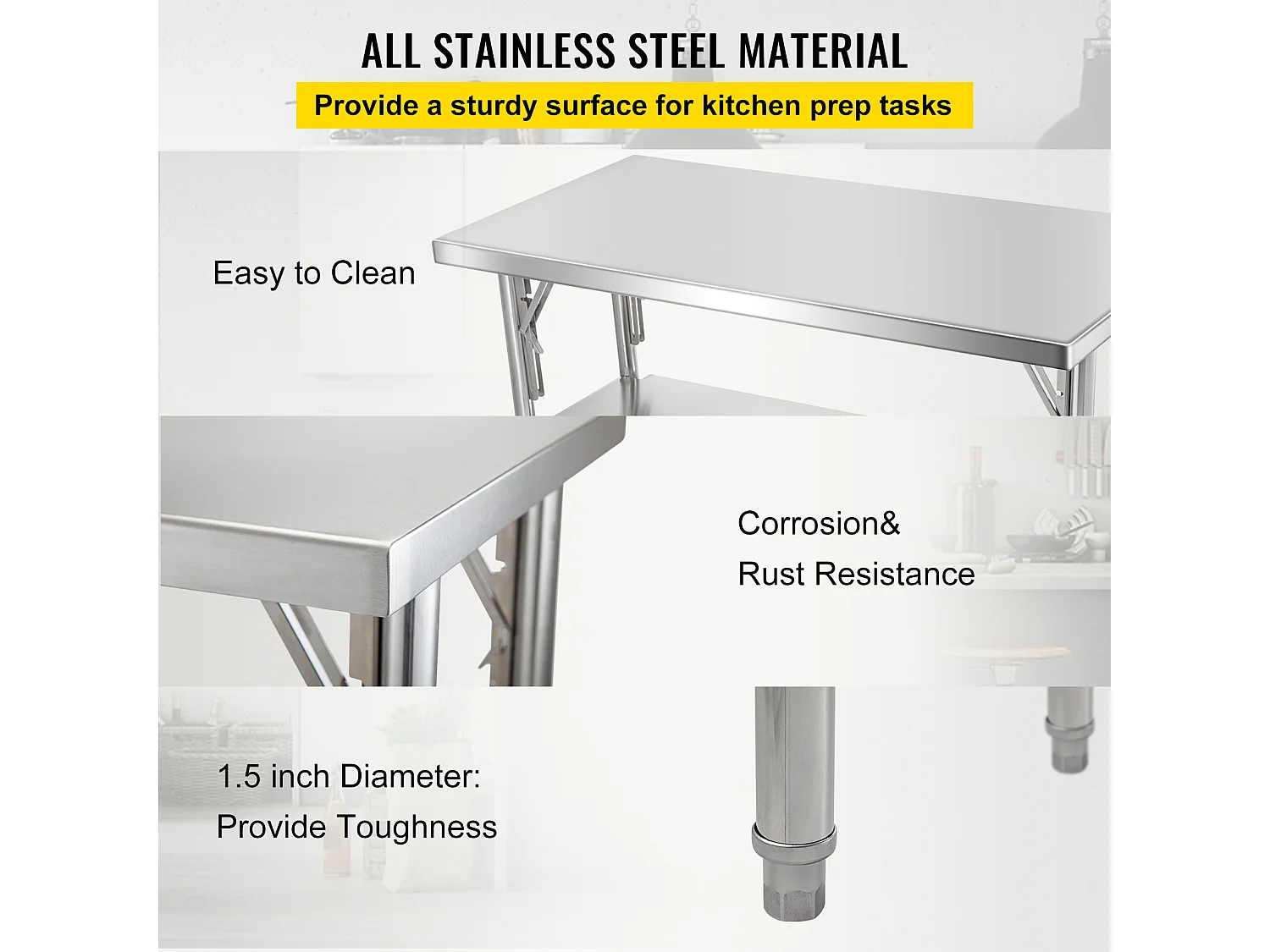 Mesa de Trabajo de Cocina SucceBuy 121.92x60.96 cm Acero Inoxidable, Mesa de Preparación Comercial Plegable