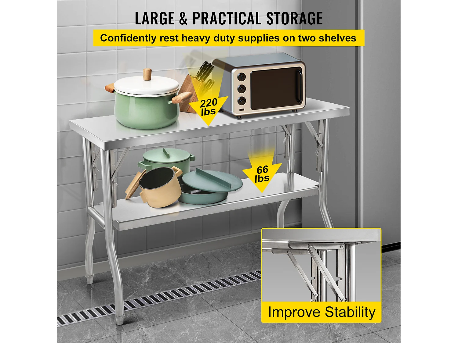 Mesa de Trabajo de Cocina SucceBuy 121.92x60.96 cm Acero Inoxidable, Mesa de Preparación Comercial Plegable