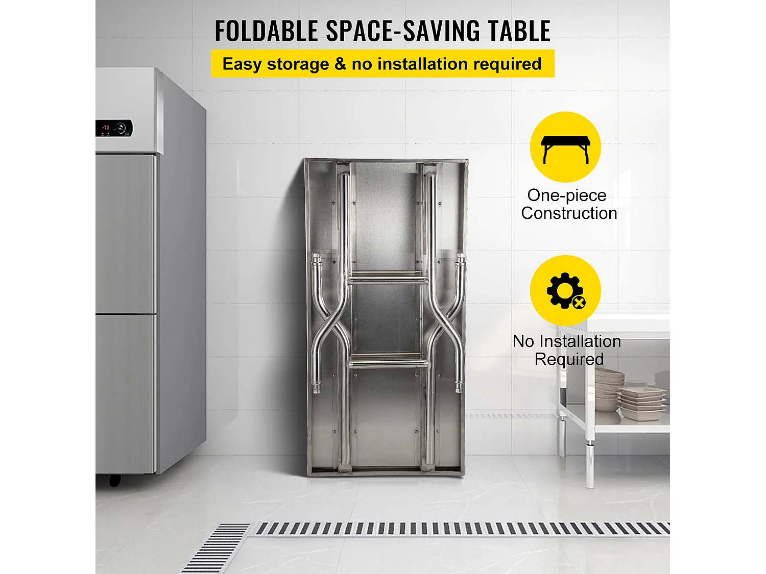 Mesa de Trabajo de Cocina SucceBuy 121.92x60.96 cm Acero Inoxidable, Mesa de Preparación Comercial Plegable