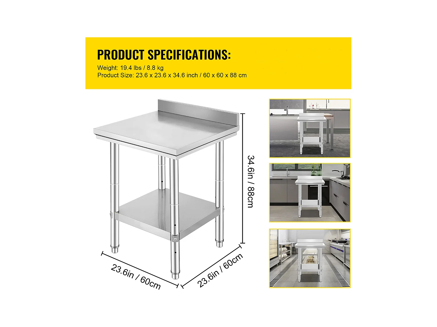 Table de Travail Cuisine en Acier Inoxydable SucceBuy, Table de Préparation des Aliments 60.96x60.96 cm