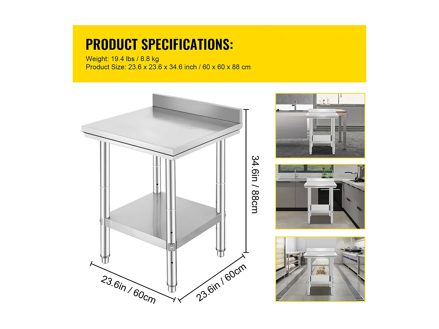 Table de Travail Cuisine en Acier Inoxydable SucceBuy, Table de Préparation des Aliments 60.96x60.96 cm