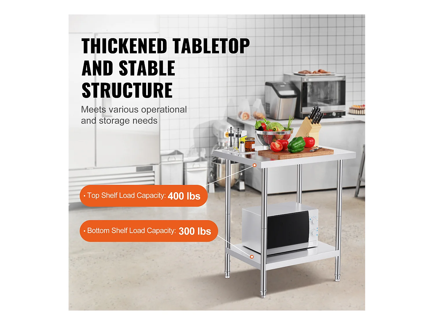 Keuken Werktafel SucceBuy 60.96x76.2x60.96 cm, Werktafel voor Voedselbereiding in Roestvrij Staal