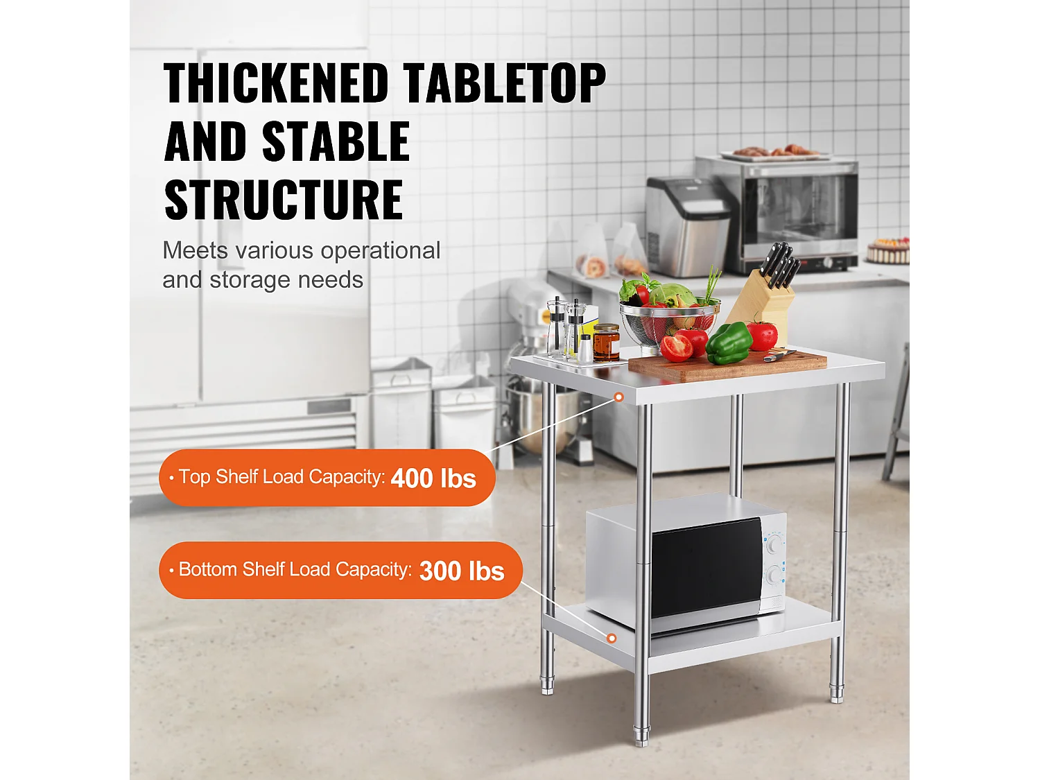 Keuken Werktafel SucceBuy 60.96x76.2x60.96 cm, Werktafel voor Voedselbereiding in Roestvrij Staal