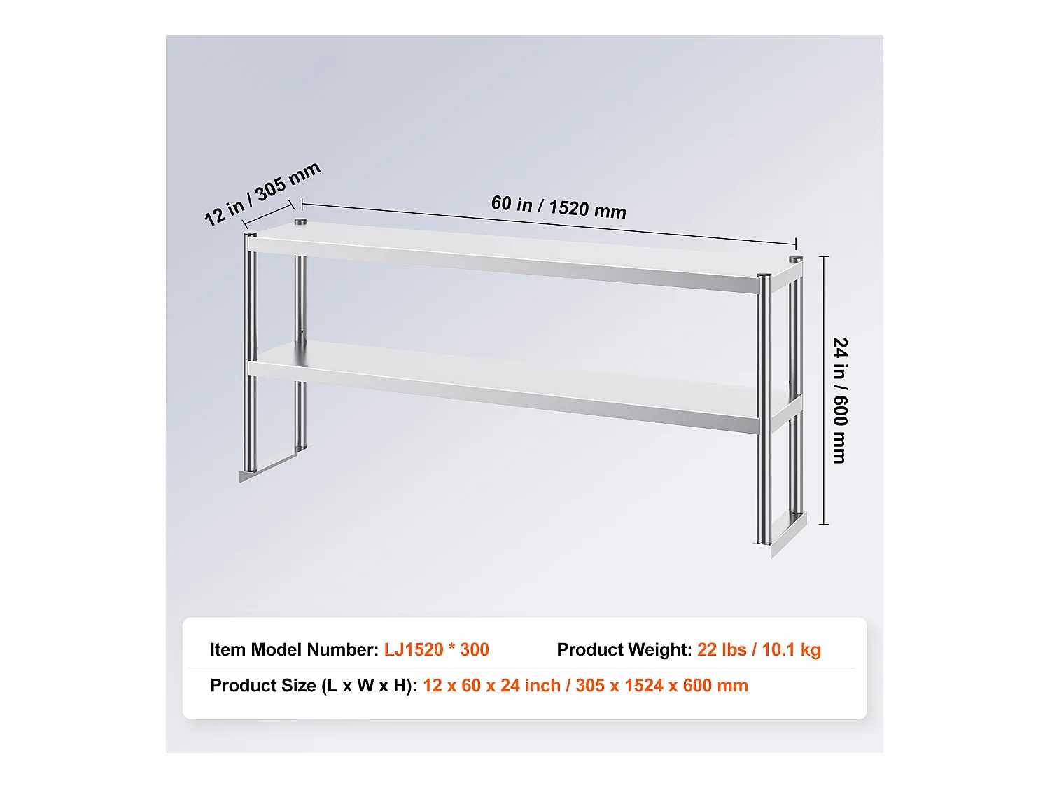 Table de Travail Double à 2 Niveaux SucceBuy, 305 x 1524 mm en Acier, Inoxydable pour Table de Préparation