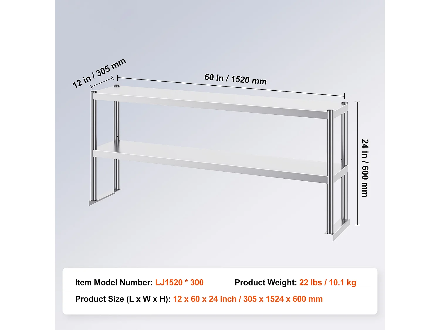 Podwójny Stół Roboczy z 2 Poziomami SucceBuy, 305 x 1524 mm ze Stali Nierdzewnej do Stołu Przygotowawczego