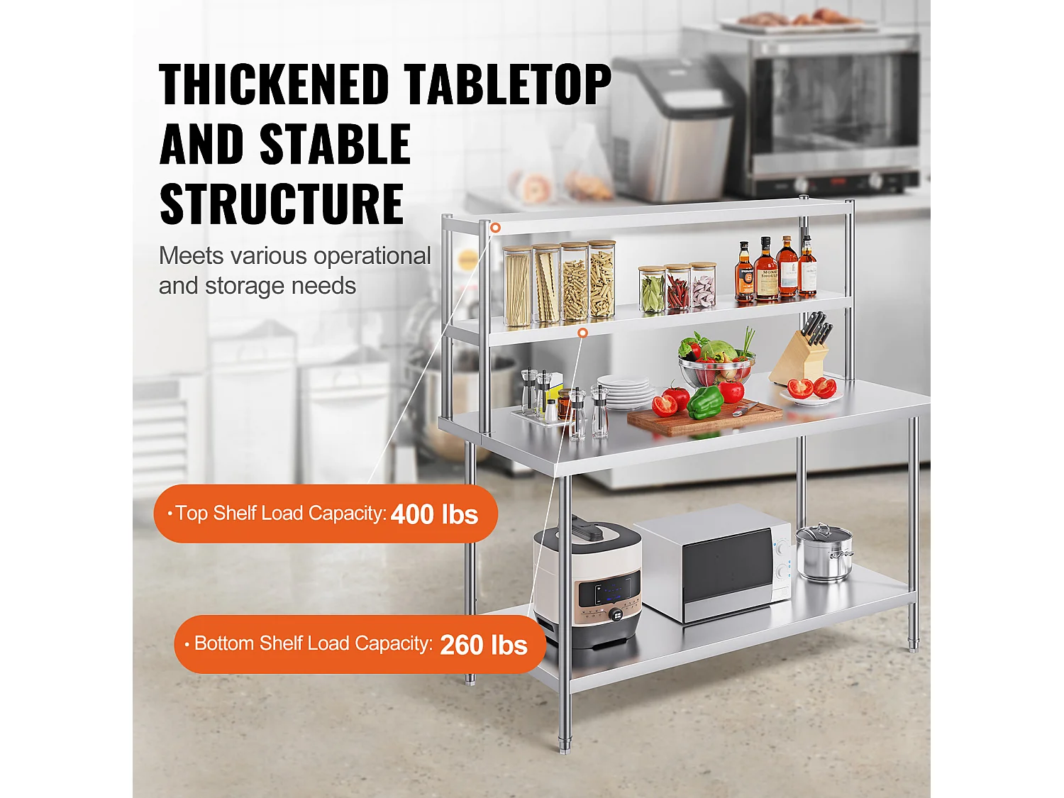 Podwójny Stół Roboczy z 2 Poziomami SucceBuy, 305 x 1524 mm ze Stali Nierdzewnej do Stołu Przygotowawczego