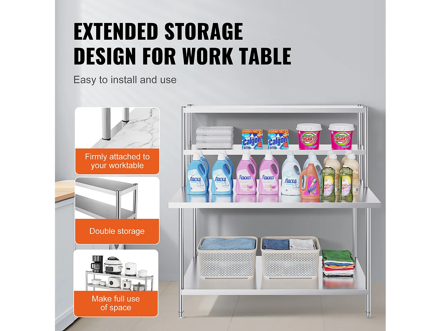 Podwójny Stół Roboczy z 2 Poziomami SucceBuy, 305 x 1524 mm ze Stali Nierdzewnej do Stołu Przygotowawczego