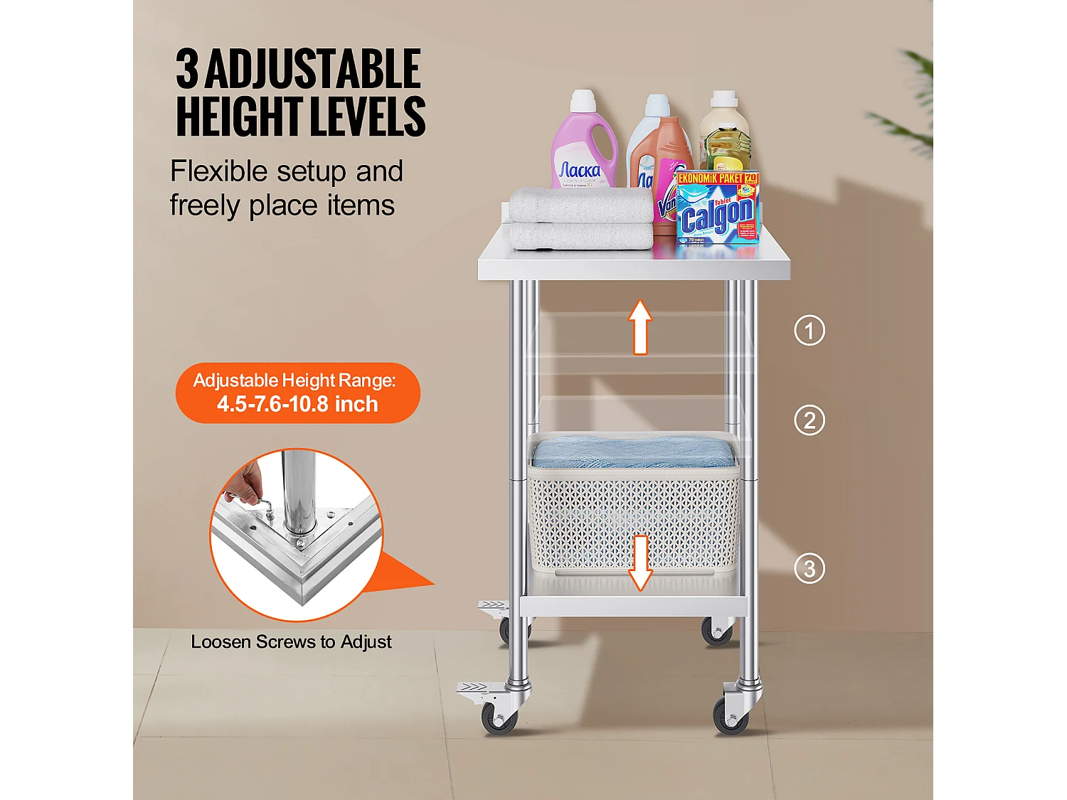 Table de Travail en Acier Inoxydable SucceBuy, 61 x 61 cm, Table de Préparation Alimentaire Commerciale avec Roulettes