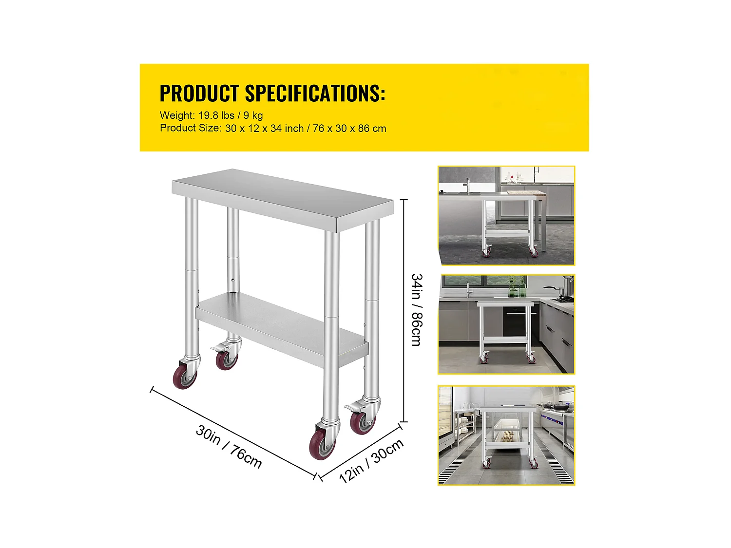 Table de Travail Cuisine SucceBuy 76.2x30.48 cm avec 4 Roulettes, Table de Préparation Commerciale en Acier Inoxydable