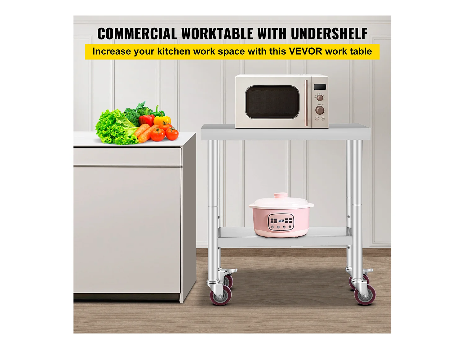 Table de Travail Cuisine SucceBuy 76.2x30.48 cm avec 4 Roulettes, Table de Préparation Commerciale en Acier Inoxydable