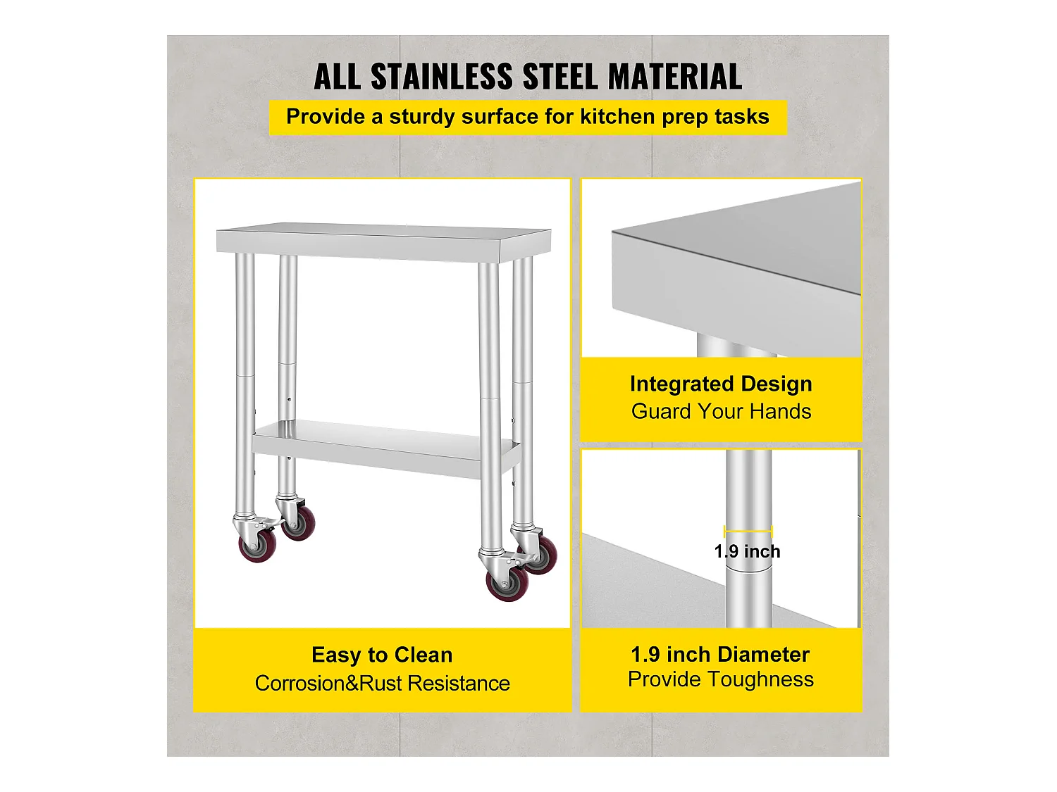 Table de Travail Cuisine SucceBuy 76.2x30.48 cm avec 4 Roulettes, Table de Préparation Commerciale en Acier Inoxydable