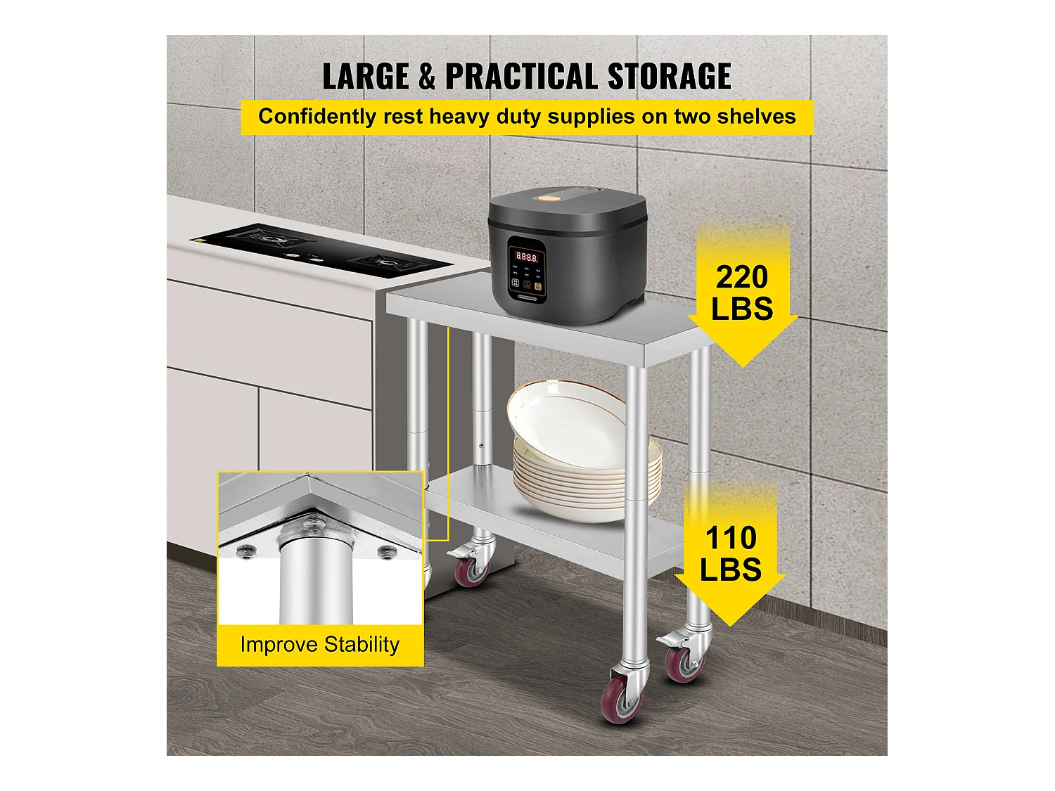 Table de Travail Cuisine SucceBuy 76.2x30.48 cm avec 4 Roulettes, Table de Préparation Commerciale en Acier Inoxydable