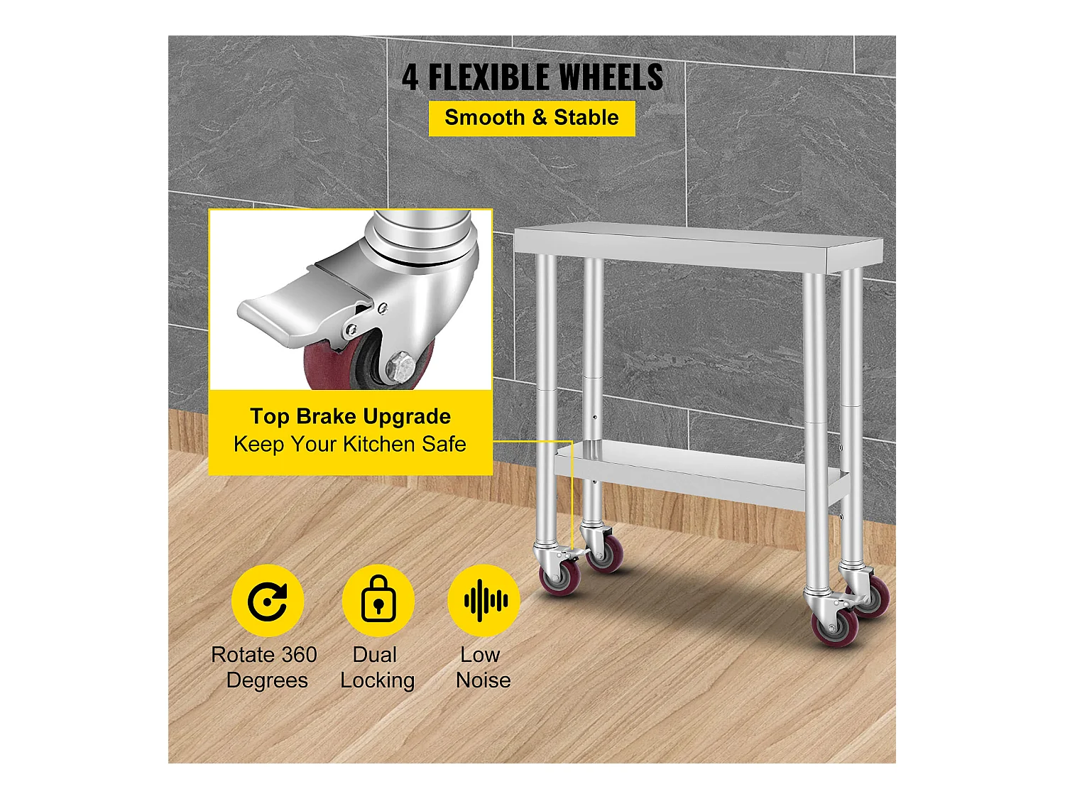 Table de Travail Cuisine SucceBuy 76.2x30.48 cm avec 4 Roulettes, Table de Préparation Commerciale en Acier Inoxydable