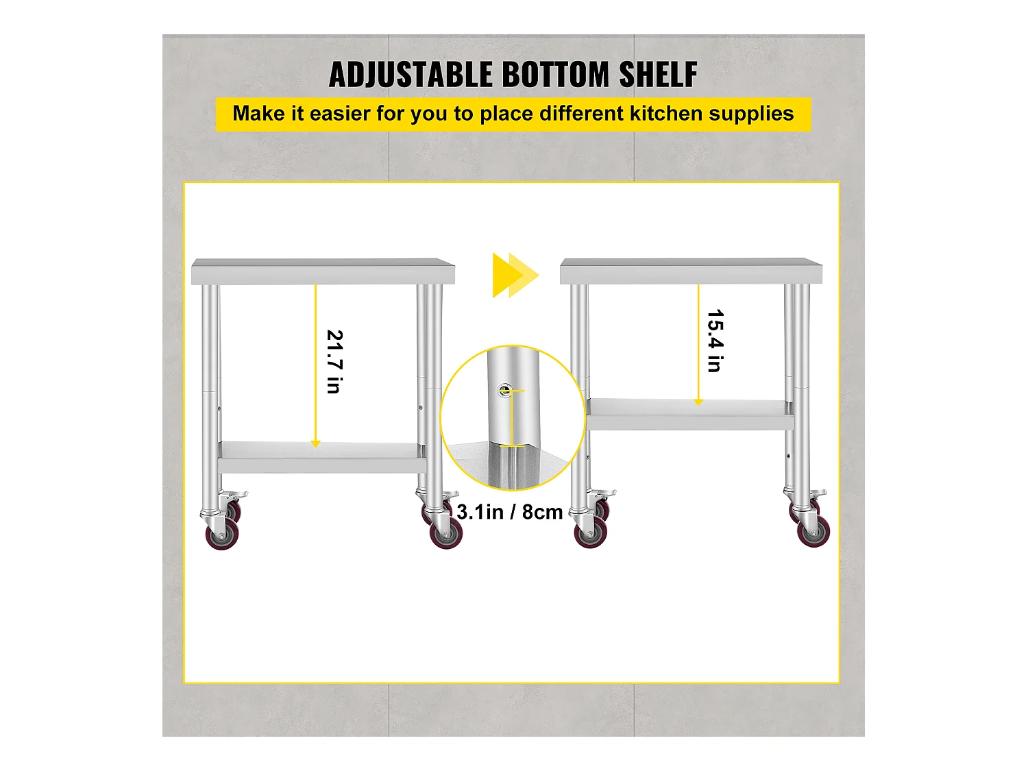 Table de Travail Cuisine SucceBuy 76.2x30.48 cm avec 4 Roulettes, Table de Préparation Commerciale en Acier Inoxydable