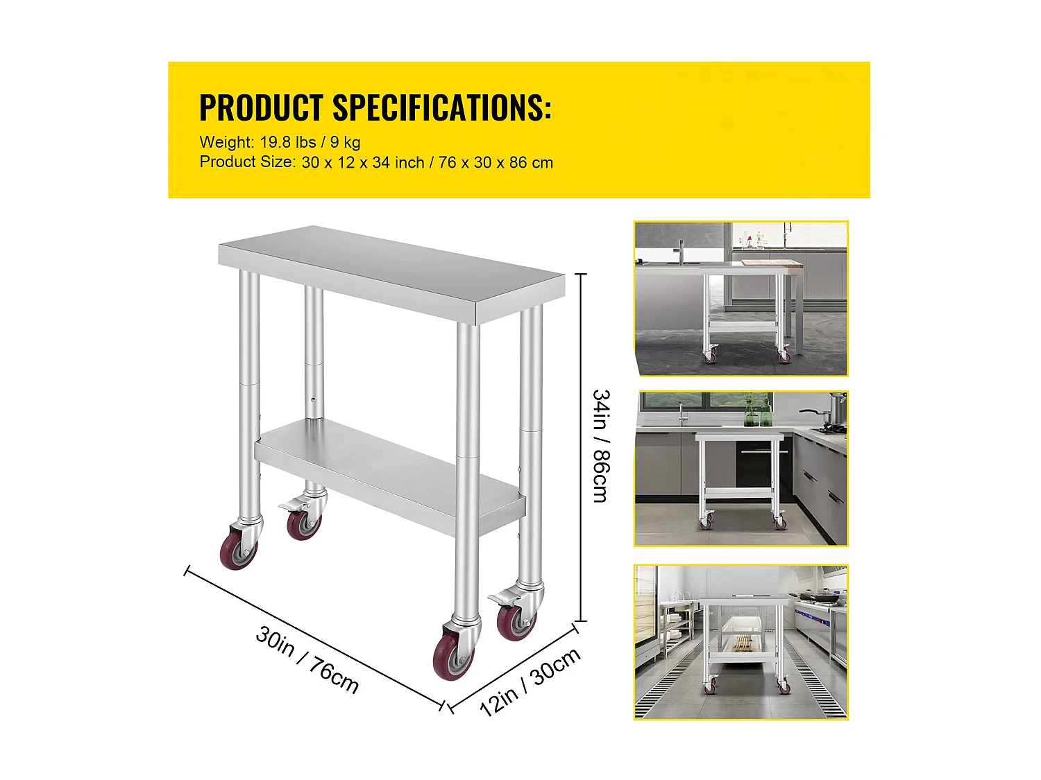 Koch Arbeitsplatte SucceBuy 76.2x30.48 cm mit 4 Rollen, Gewerbliche Zubereitungsplatte aus Edelstahl