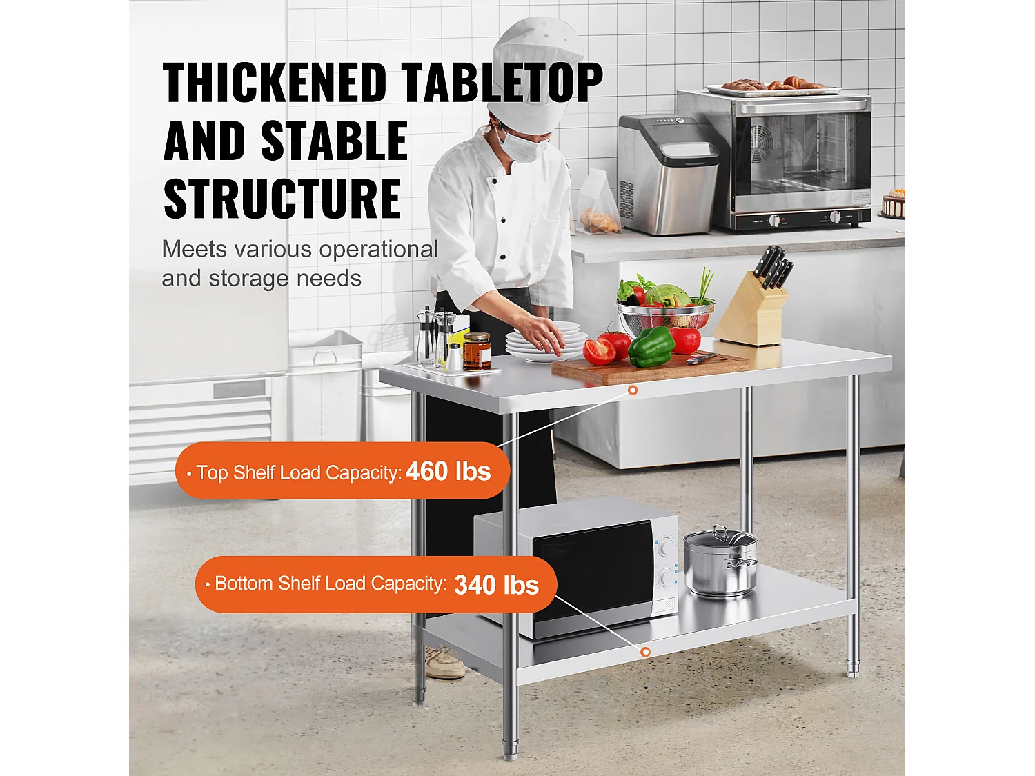 Table de Travail en Acier Inoxydable SucceBuy, 610 x 1219 x 864 mm, Poste de Travail Alimentaire Commercial