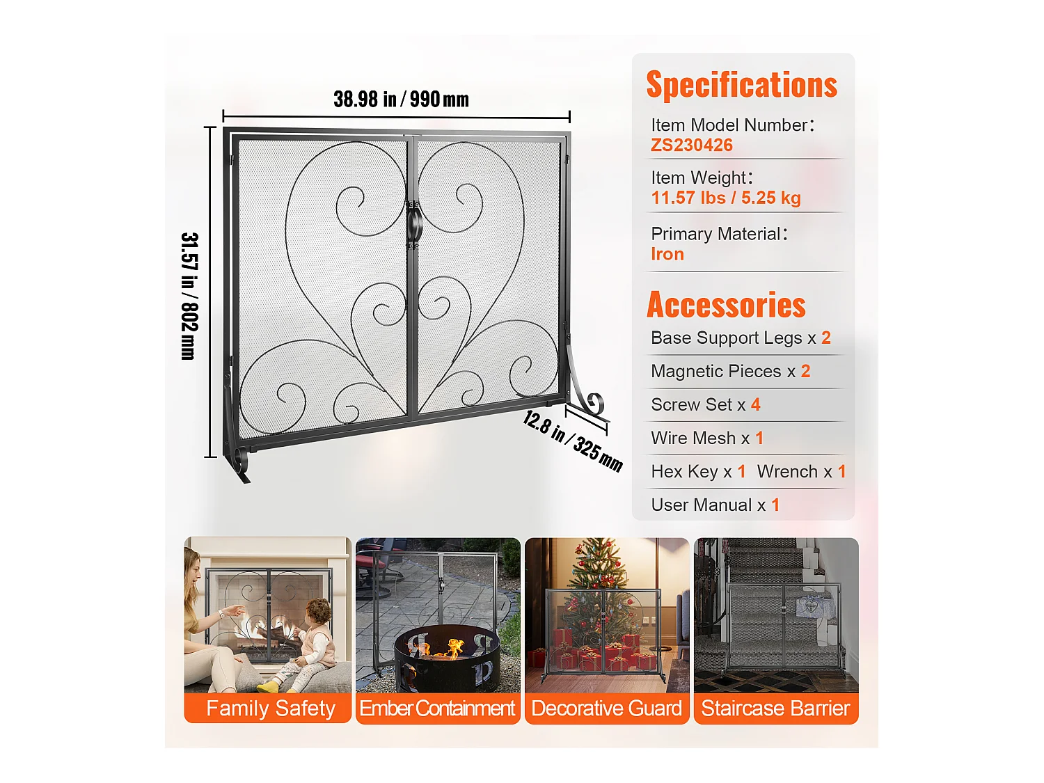 Pare-feu de Cheminée SucceBuy Pare-étincelles à 2 Panneaux 99 x 80.2 CM, Grille en Fer, Noir Vintage