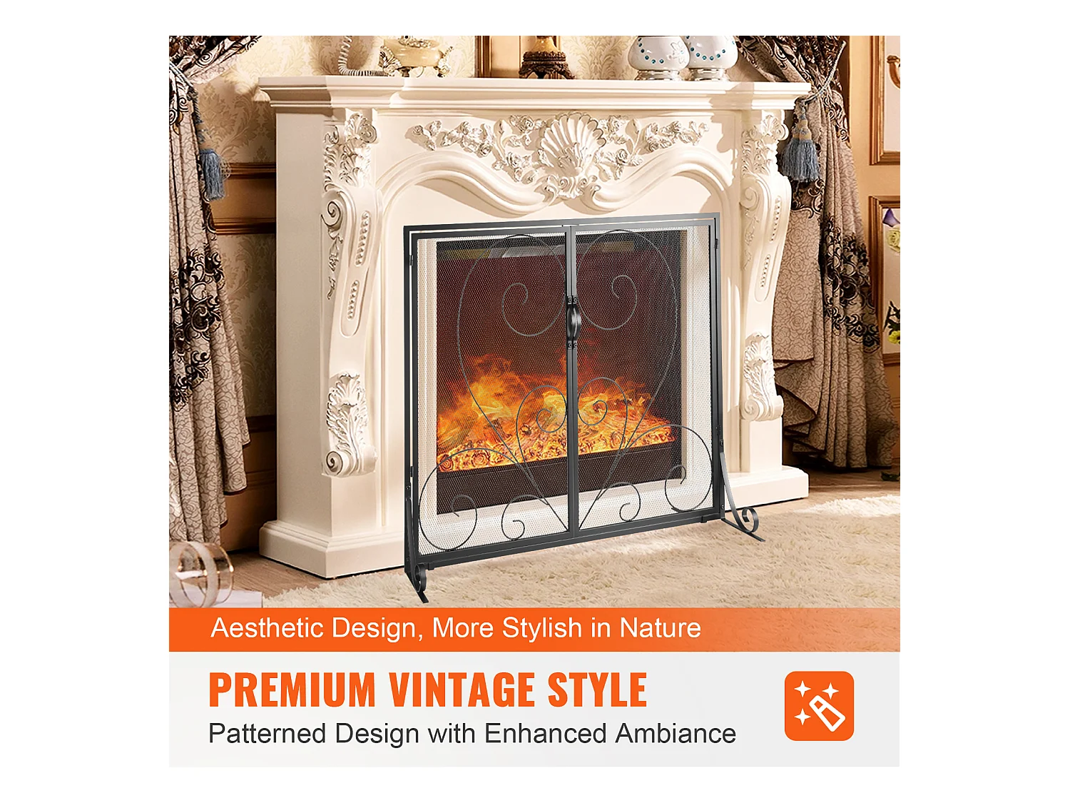 Pare-feu de Cheminée SucceBuy Pare-étincelles à 2 Panneaux 99 x 80.2 CM, Grille en Fer, Noir Vintage