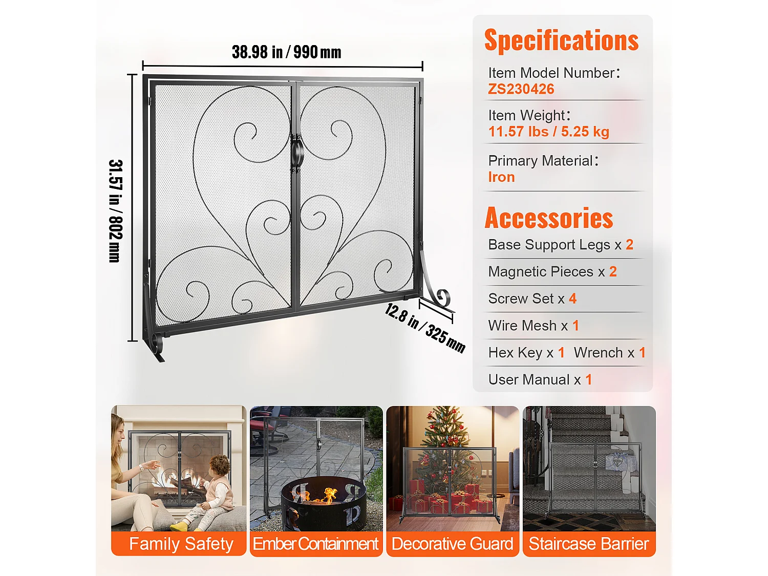 Pare-feu de Cheminée SucceBuy Pare-étincelles à 2 Panneaux 99 x 80.2 CM, Grille en Fer, Noir Vintage