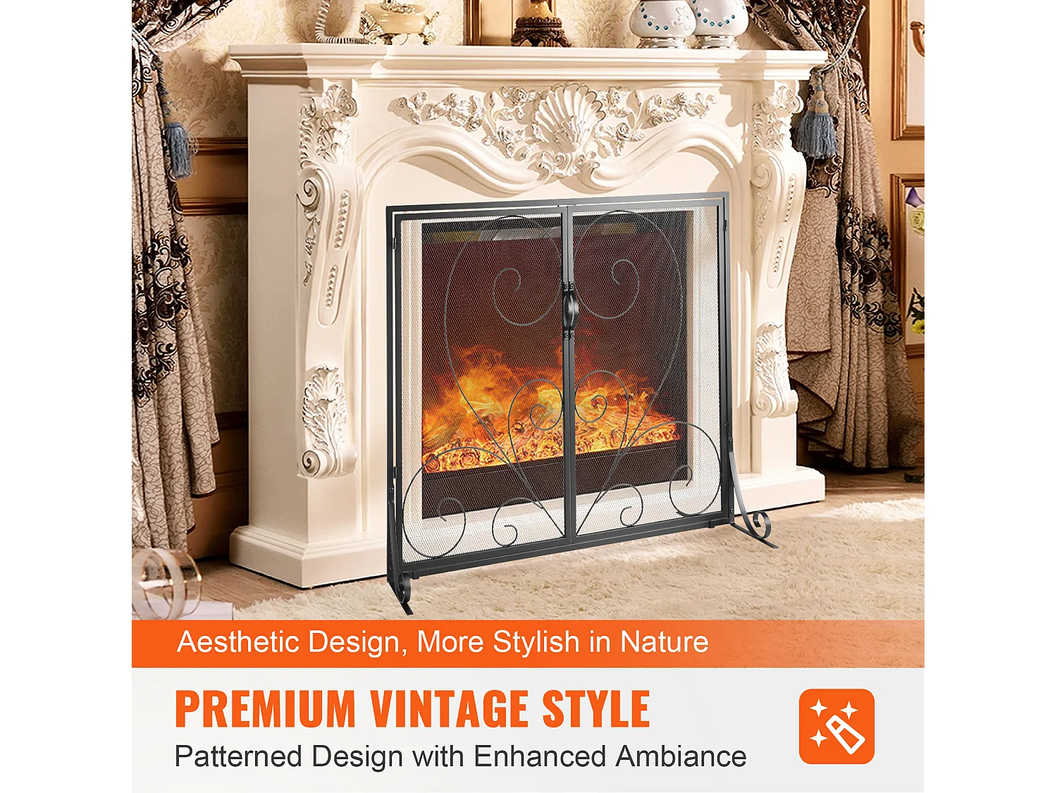 Pare-feu de Cheminée SucceBuy Pare-étincelles à 2 Panneaux 99 x 80.2 CM, Grille en Fer, Noir Vintage