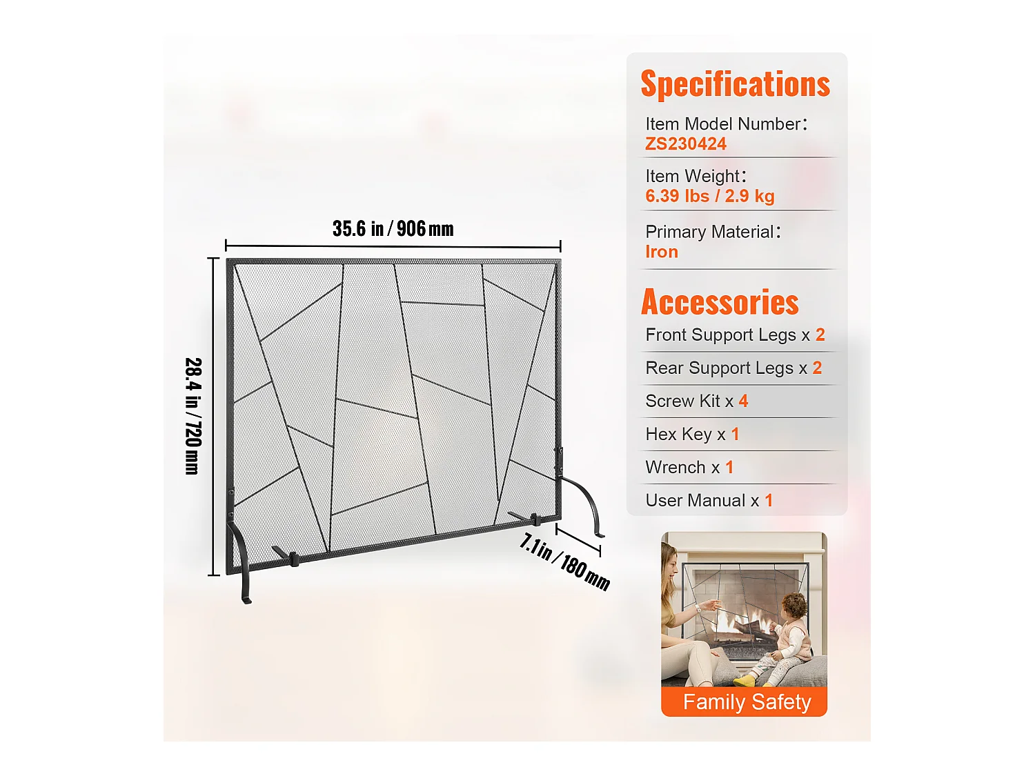 Pare-feu de Cheminée SucceBuy Pare-étincelles en Treillis Métallique à 1 Panneau 90.6 x 72 CM