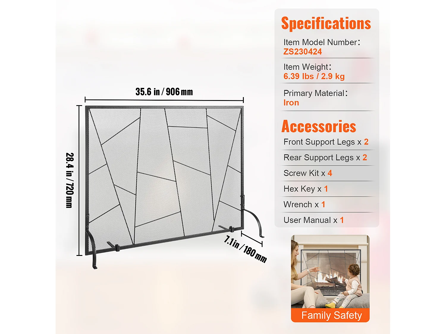 Pare-feu de Cheminée SucceBuy Pare-étincelles en Treillis Métallique à 1 Panneau 90.6 x 72 CM