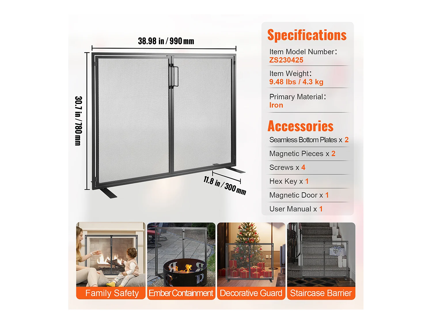 Pare-feu de Cheminée SucceBuy Pare-étincelles en Treillis Métallique 99 x 78 CM, 1 Panneau, Noir